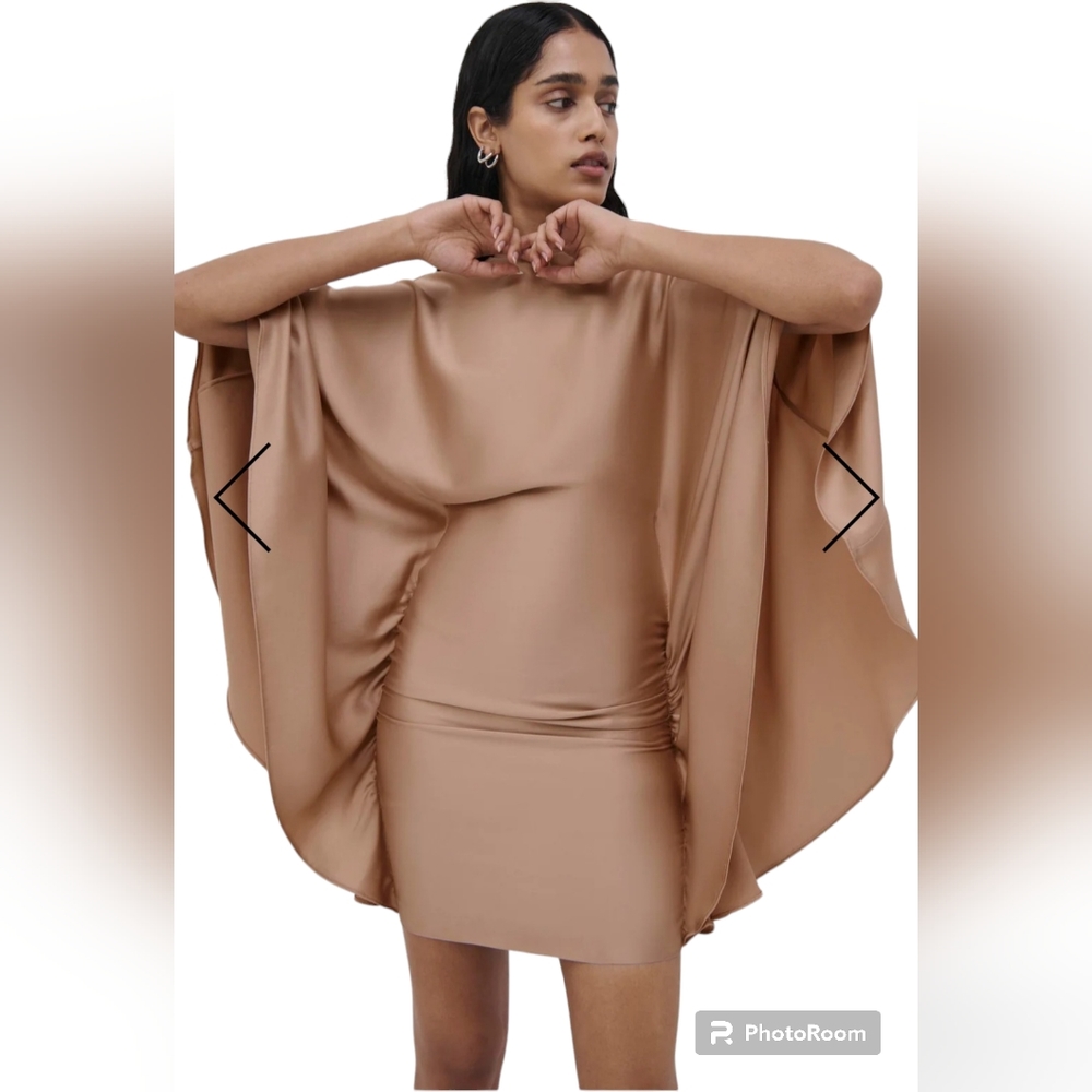 Jonathan Simkhai Size 6 Kadence Brown Satin Draped Sleeve Ruched Body Mini Dress